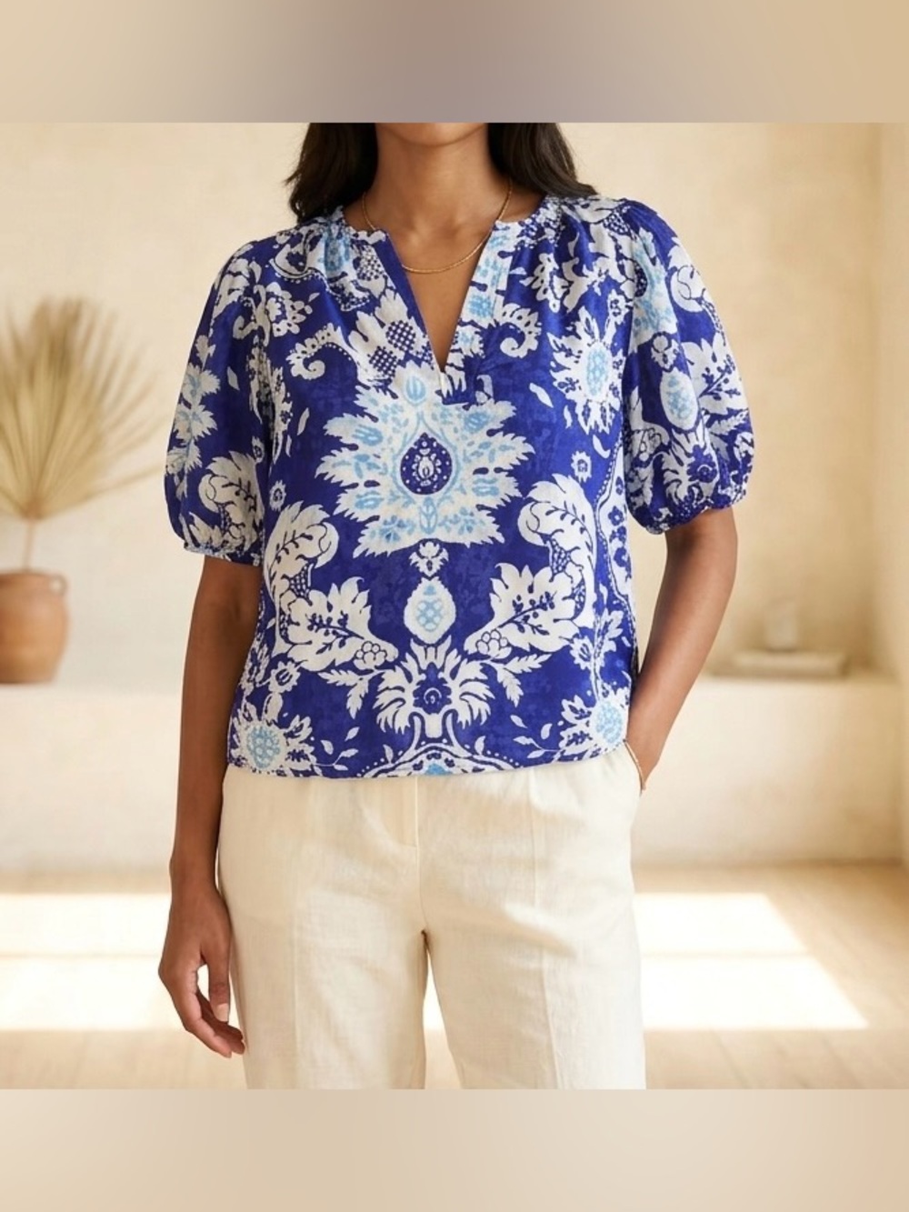 Rachel Zoe Paisley Damask Puff Sleeve V Neck Cropped Blouse Blue White Size S